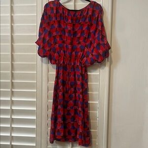 Beautiful Silk Tucker Red and Blue Geometric Midi Dress